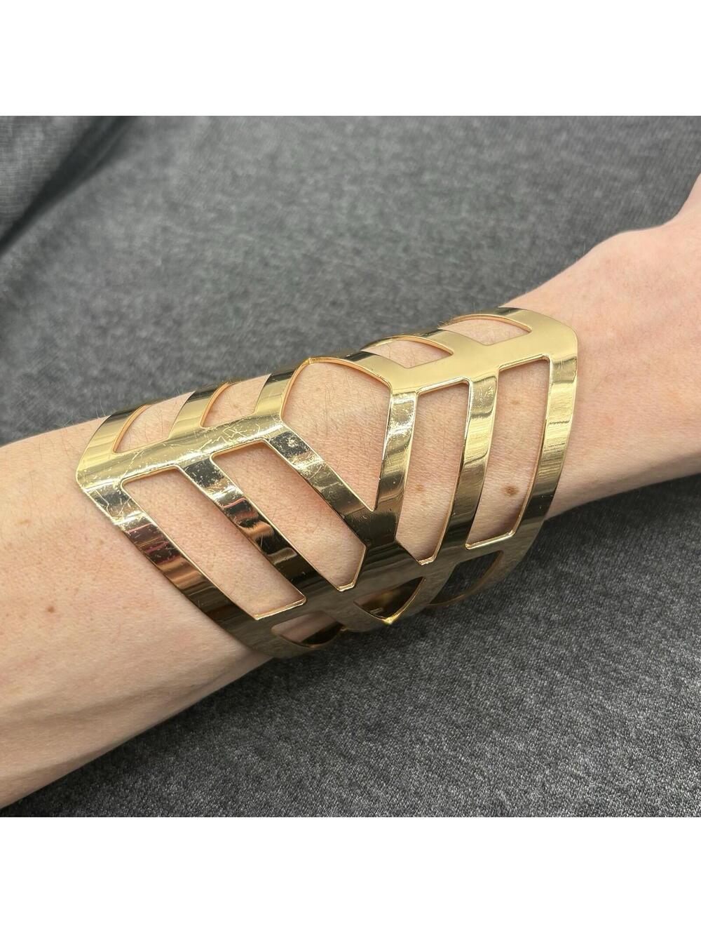 Gold Tone Cutout Wide Cuff Bracelet Openwork Geometric Statement